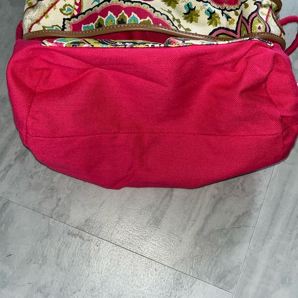 Spartina  Linen natural  shoulder bag   heavy duty  leather trim  hot pink/cream - Picture 16 of 17